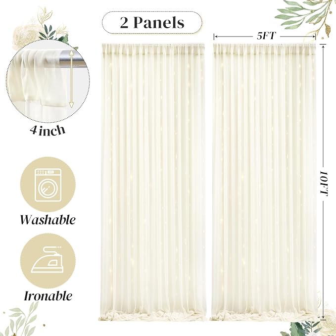 10ft x 10ft Ivory Backdrop Curtain with Lights String for Parties, Sheer Tulle Wedding Photo Backdrops Drapes for Baby Shower Birthday Party Decorations Background for Photography