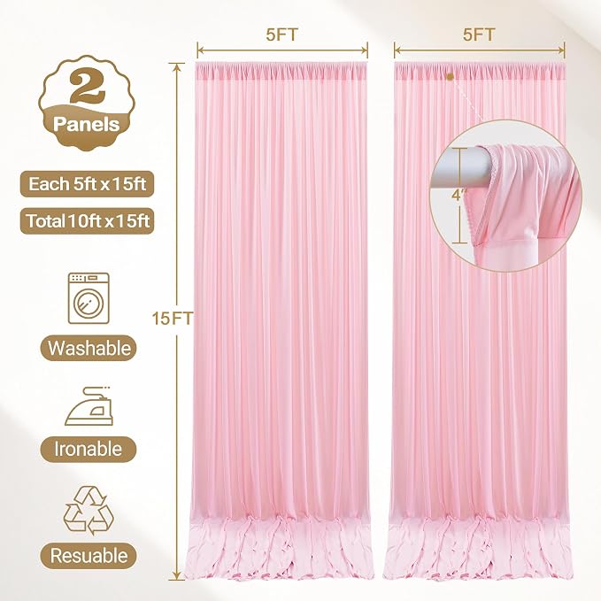 10ft x 15ft Pink Backdrop Curtain Panels for Weddings - Wrinkle-Free Polyester Photo Drapes for Birthday Party, Photography Background, Stage Decor