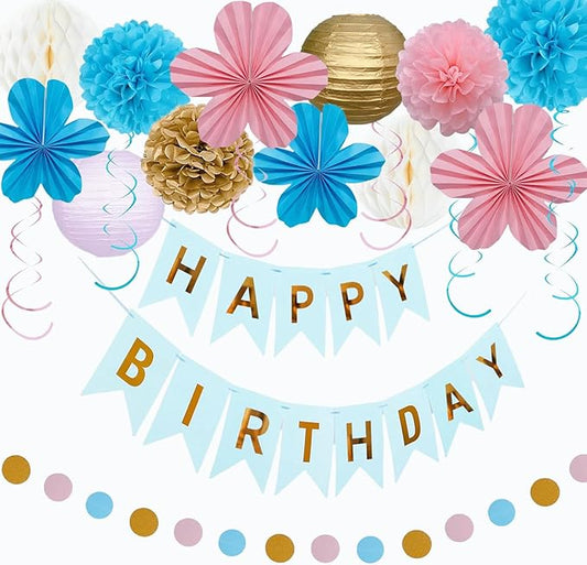 Birthday Party Decorations Kit Blue Pink & Gold, Happy Birthday Banner Garland Paper Pompoms, Flower Fans, Honeycom Ball , Lantern, Hanging Swirls, 20pcs