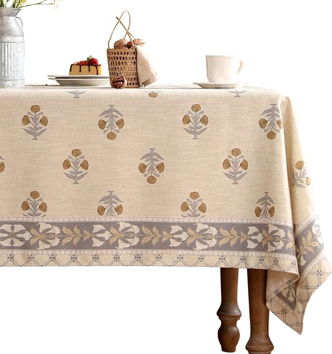 patdrea Vintage French Linen Tablecloth,Rectangular,87"x63"-Istana A | Heavyweight Elegant Table Cloth for Rectangle Table,Natural Floral Block Print,for Dining Room Tea Party Thanksgiving