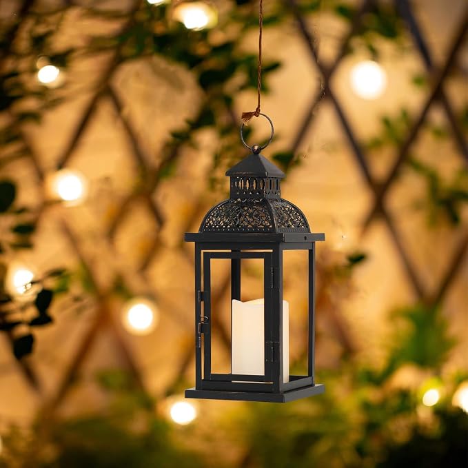 No Glass Lanterns Decorative Indoor & Outdoor, 15'' Candle Lantern Decorative Christmas Indoor Outdoor Decor, Vintage Metal Hanging Lanterns with LED Candle for Patio, Front Porch,Yard, Table