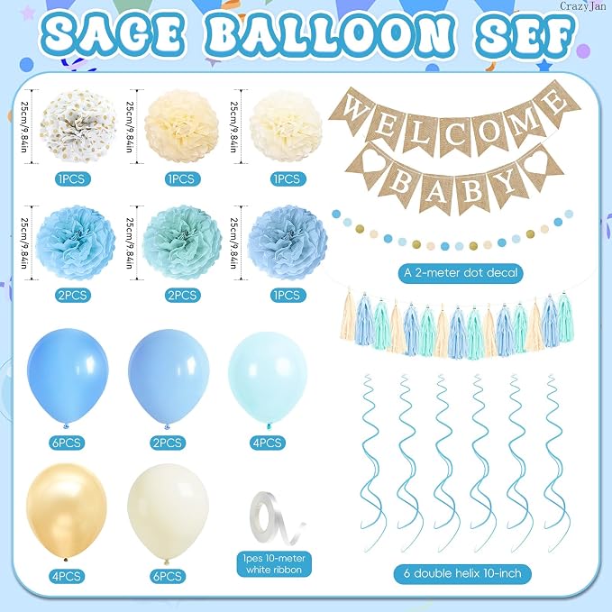 Blue Baby Shower Decorations for Boy with Welcome Baby Banner, Blue Champagne Balloons, Tassel Garlands, Swirls, and Paper Pom Poms for Boho Baby Shower or Gender Reveal Party Supplies
