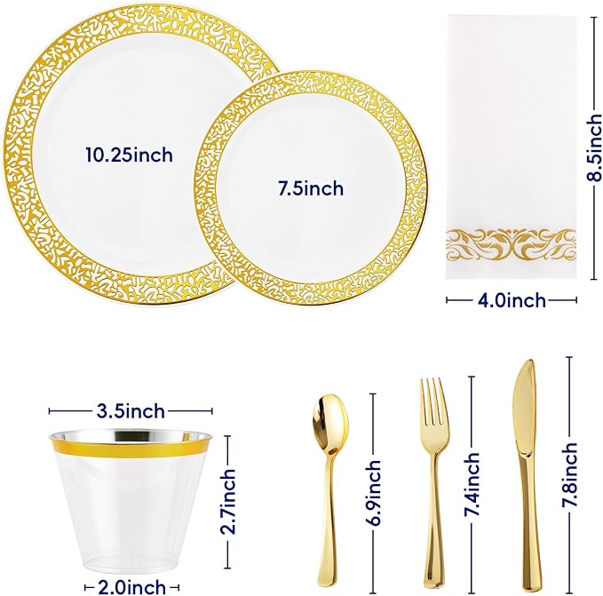 210 Count Gold Plastic Dinnerware, Gold Disposable Plates, Includes: 30 Dinner & 30 Dessert Plates & 30 Cups & 30 Paper Napkins & 30 Plastic Silverware Set -for Thanksgiving, Christmas, Parties