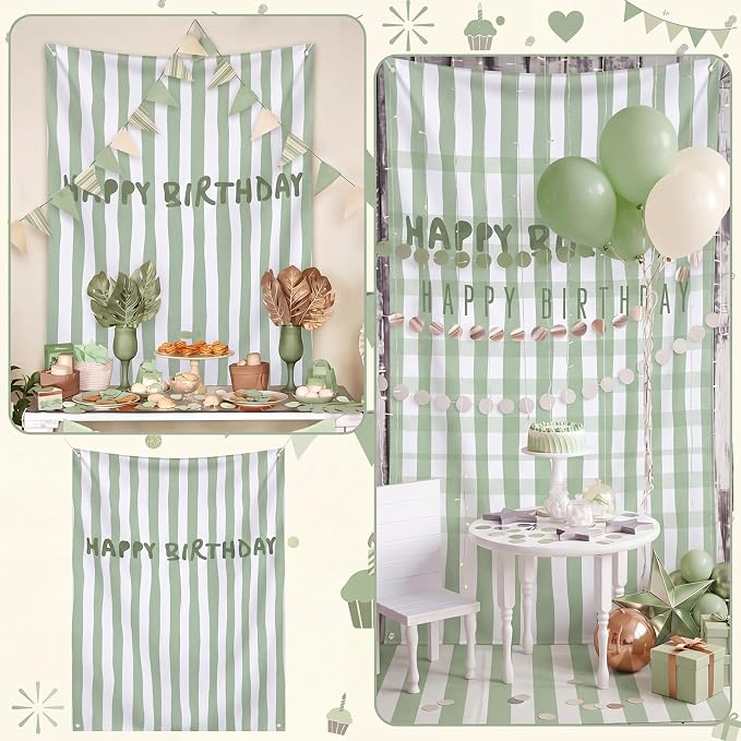 Flutesan 7x5ft Sage Green Stripe Happy Birthday Backdrop Large Banner Fabric Tapestry Birthday Party Decoration Baby Shower Linen Rustic Background Wall Photo Props Indoor Outdoor