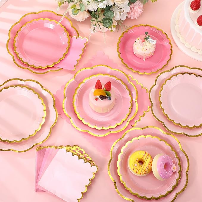 144 Pcs 48 Guests Pink Paper Plates and Napkins Party Supplies Gradient Pink Scalloped Plates with Gold Rim 9 Inch 7 Inch Disposable Dessert Party Decoration for Wedding Birthday Baby Shower