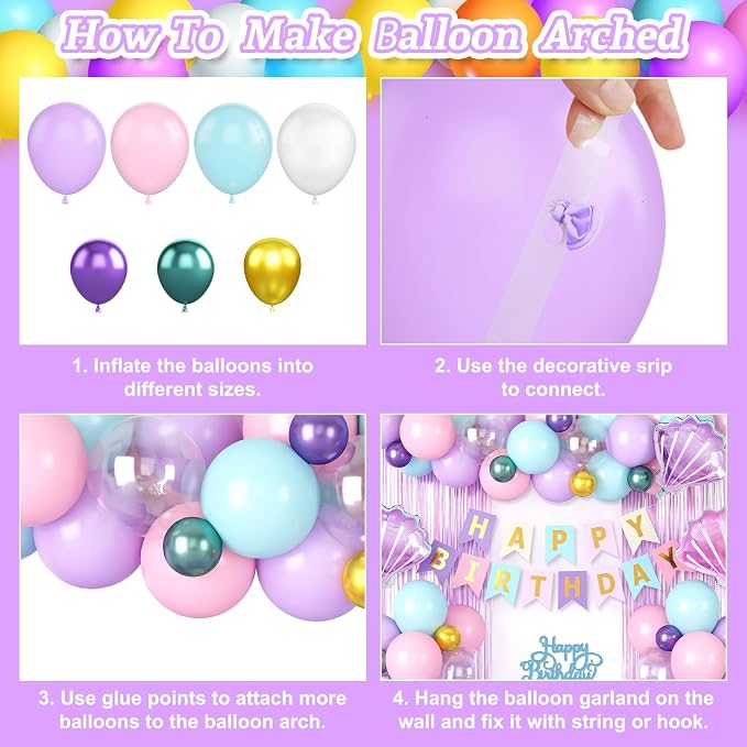 Mermaid Birthday Decorations for Girls, Pink Purple Blue Balloons with 'HAPPY BIRTHDAY' Banner Cake Topper Shells Foil Balloon Pink Fringe Curtain for Girls Women Mermaid Party Decorations