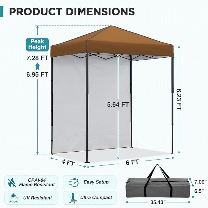 EAGLE PEAK 6x4 Instant Pop Up Canopy Tent with 1 Side Wall Panel, Straight Leg Sun Shelter, Portable Canopy with Carry Bag for Camping, Beach & Sports, Khaki