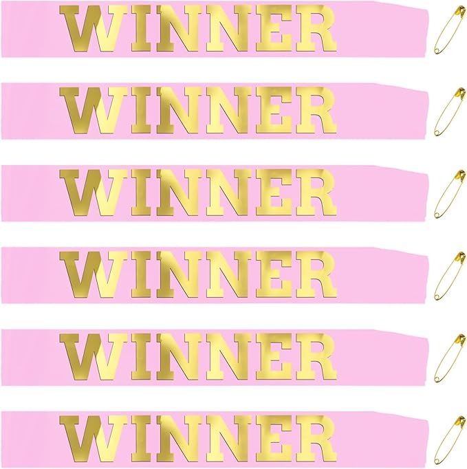6 pcs Winner Satin Sash Party Accessory, Pink And Gold Winner Satin Sashes Celebrate In Style At Parties, Contests, Sporting Events And Competitions, 1st Place Award Sash Grand Prize Ribbon Winner Victory Ribbon Deluxe Recognition Ribbons for Classroom...