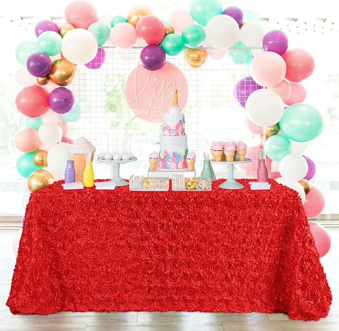 B-COOL Red Rosette Tablecloth 60x102 Inch 3D Floral Satin Table Overlay Valentines Wedding Table Cloth Red Flowers Table Fabric Celebration Birthday Rectangle Table Linen