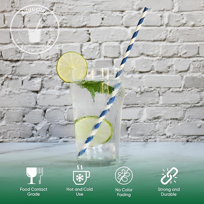 10 Inch Long Disposable Drinking Straws Paper - Navy Blue Striped, 100 Counts - 100% Biodegradable