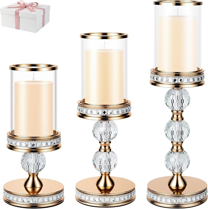 10" / 12.4" / 14.7" Tall Hurricane Candle Holder, Pillar Candle Holders with Glass Sleeve with Gift Box, Crystal Candle Stands for Home Warming, Weddiing, Table Centerpiece (3, Gold, S+M+L)