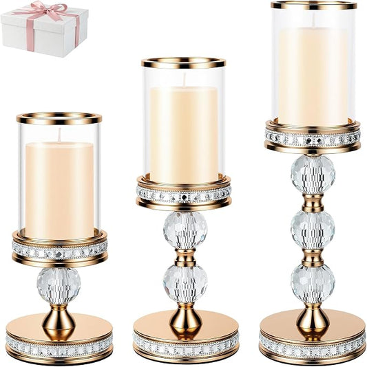 10" / 12.4" / 14.7" Tall Hurricane Candle Holder, Pillar Candle Holders with Glass Sleeve with Gift Box, Crystal Candle Stands for Home Warming, Weddiing, Table Centerpiece (3, Gold, S+M+L)