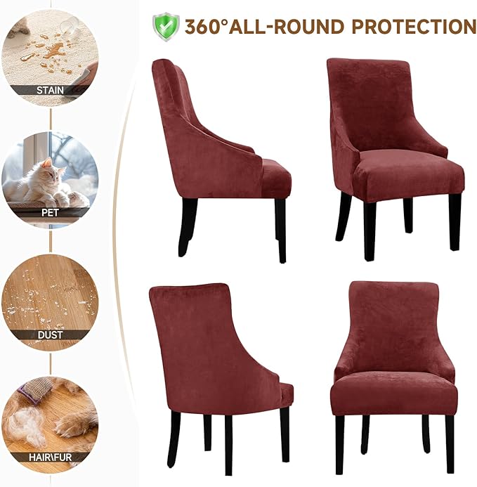 Velvet Wingback Dining Chair Cover Soft Stretch Accent Chair Cover Slipcover Thick Plush Wing Back Chairs Covers Furniture Protect Washable Chairs Protector Covers for Dining Room (Wine, 2)