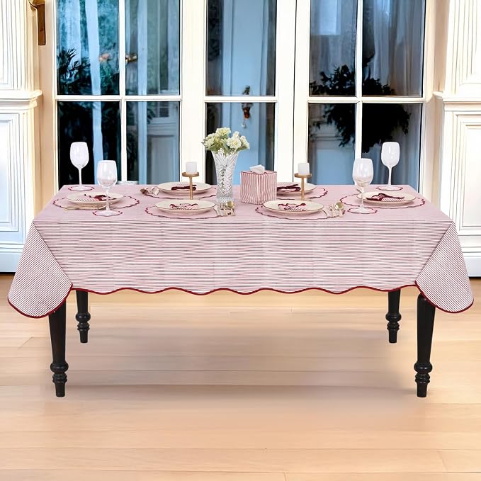 Ridhi Ruby Red Stripe Block Print 60x120 Rectangle Tablecloth Table Cover for Dining Tables, Handcrafted Farmhouse Kitchen Decor, Washable, Decorative Tablecloths for Spring, Easter, Valentine