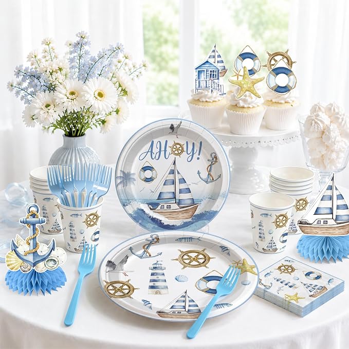 Xynic 205Pcs Ahoy Its a Boy Baby Shower Decorations Set - Serves 25 - All-in-One Nautical Party Decorations Kit with Balloons, Banner, Cake Topper, 350gsm Plates, Tablecloths, Backdrop