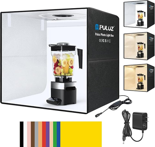 PULUZ Light Box Photography, 20x20 inch Portable Photo Studio Light Box, Professional Dimmable Quick Charge USB-C Photo Booth with 200 LED Lights & 12 Color Backdrops Photo Box for Product Photography