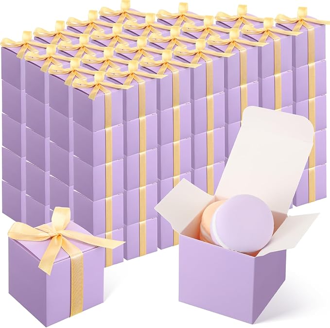 Jutom 100 Pcs Mini Favor Boxes Extra Small Candy Boxes Paper with Gold Ribbon for Baby Shower Birthday Wedding Anniversary Supplies(2 x 2 x 2 Inch,Lavender)