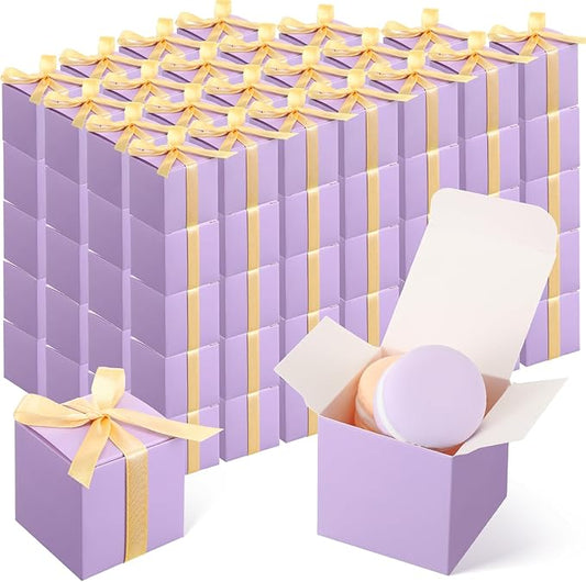 Jutom 100 Pcs Mini Favor Boxes Extra Small Candy Boxes Paper with Gold Ribbon for Baby Shower Birthday Wedding Anniversary Supplies(2 x 2 x 2 Inch,Lavender)