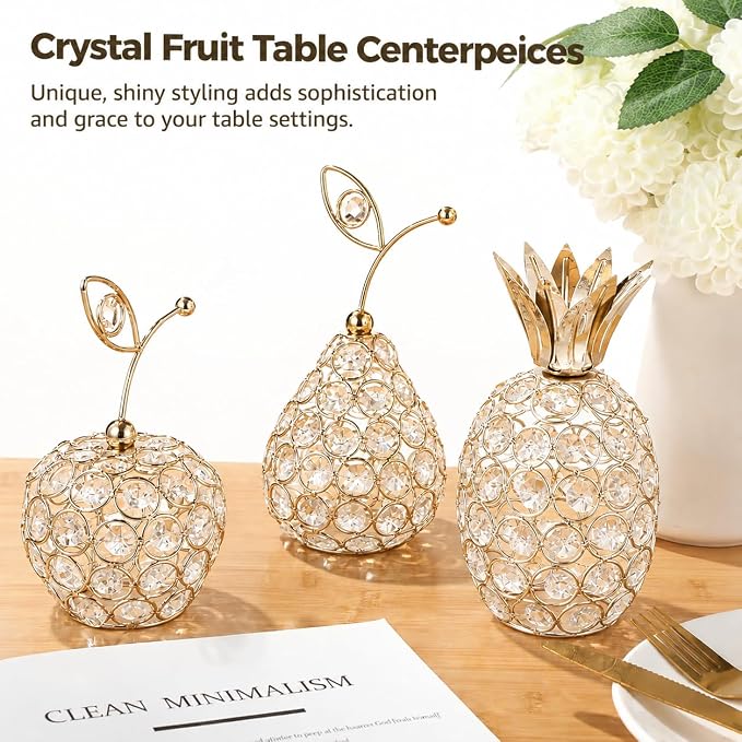 3 Pcs Golden Crystal Hollow Candlestick, Metal Crystal Table Centerpiece, Including Pineapple Pear Apple, Decorative Candlestick, Ideal for Wedding, Party, Anniversary and Home Decor
