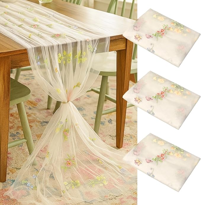Lounsweer 3 Pcs Apricot Wildflower Table Runner 10ft Embroidery Tulle Spring Floral Table Runner Seasonal Summer Butterfly Kitchen Dining Gauze Decoration for Wedding Baby Shower Birthday Party