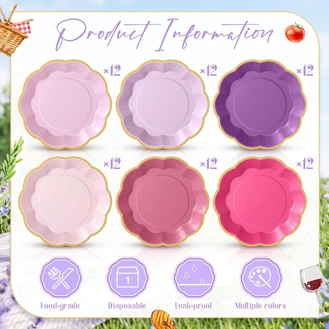 72 Pcs Pink and Purple Color Paper Plates 9 Inch Pink and Purple Gradient Scalloped Paper Disposable Dinner Dessert Plates for Birthday Wedding Bridal Party Supplies, 6 Colors
