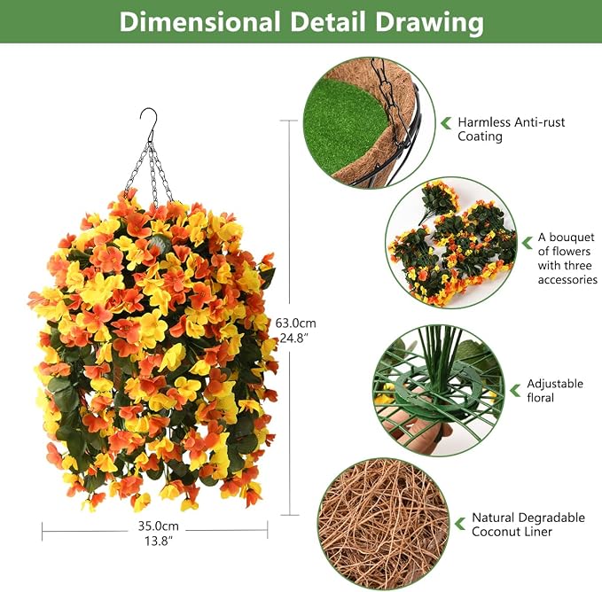 INQCMY Fake Flowers with Hanging Basket Realistic Artificial Begonias | Faux Plants UV Resistant for Outdoors Fall Decor, Silk Trailing Flower for Outside Windowsill Porch Patio Yard Planters