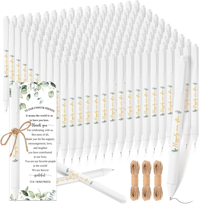 Tenceur 150 Sets Wedding Bridal Shower Pens for Guests with Thank You Cards and Twine Wedding Reception Party Favors Retractable Ballpoint Pens Bulk Black Ink for Proposal Bachelor Party Supplies