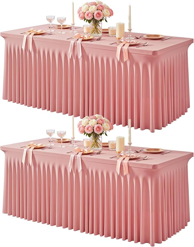 2 Packs Dusty Rose Spandex Tableclothes for 8 Foot Rectangle Tables, Wrinkle Free 8ft Fitted Table Cover Stretch Table Cloth Desk Skirt for Weddings Baby Shower Birthday Party Banquet Decorations