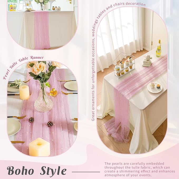 Pearl Table Runner 29 x 120 Inch Tulle Fabric Lace Table Runners for Bridal Shower Birthday Party Wedding Arch Dessert Table Decor(1 Pack, Pink)
