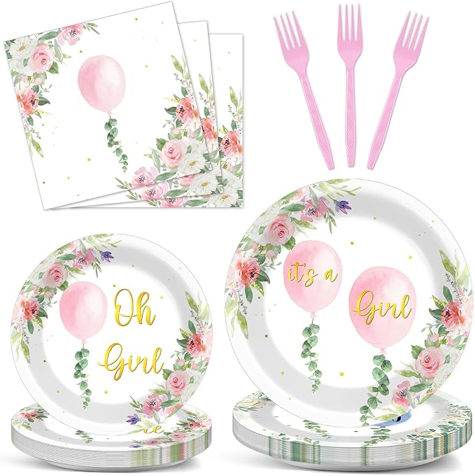 96Pcs Oh Girl Watercolor Pink Balloon Party Supplies Greenery Girl Baby Shower Tableware Set Pink Flower Party Favor Birthday Baby Shower Parties Plates and Napkins Table Decorations for 24 Guests