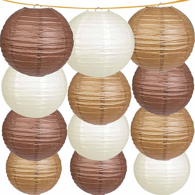 Boho Paper Lanterns, 12 Pcs Brown Nude White Chinese Lanterns Different Sizes for Baby Shower Garden Tea Party Bachelorette Birthday Wedding Party Decorations