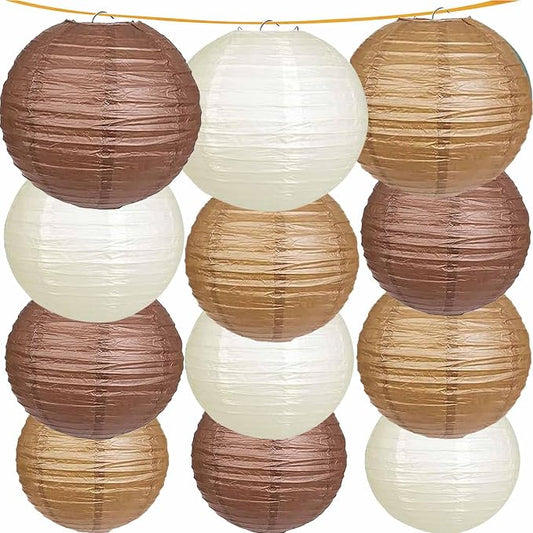 Boho Paper Lanterns, 12 Pcs Brown Nude White Chinese Lanterns Different Sizes for Baby Shower Garden Tea Party Bachelorette Birthday Wedding Party Decorations
