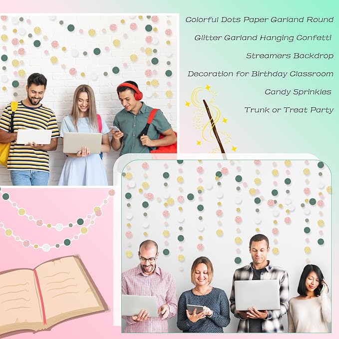 Outus 10 Pieces Colorful Circle Garland Banner Hanging Paper Dot Decorations for Classroom, Birthday Party, Baby Shower, Wedding Backdrop & Photo Booth Graduation Decor (Sage Green,Pink,Gold)