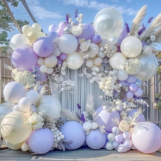 Pastel Purple White Balloon Garland - Double Stuffed Lavender Light Purple Cream Balloon Arch Kit Pearl Lilac White Ivory Color for Birthday Baby Shower Bridal Wedding Butterfly Fairy Party Decor