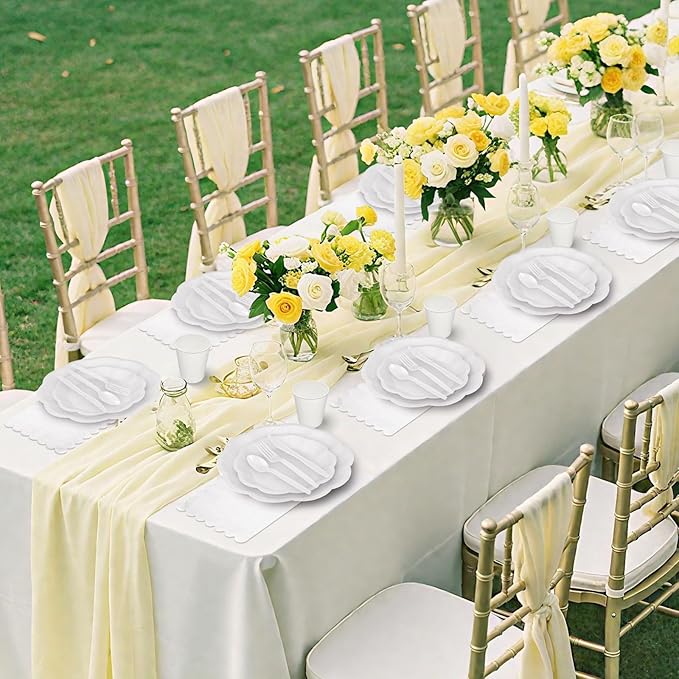 NatNarr 175 Pcs White Plates and Napkins Set, 25 Guest White Party Supplies Include Scalloped Plate Paper Napkin Cup Forks Knives Disposable Plastic Cutlery for Wedding Baby Shower Birthday Party