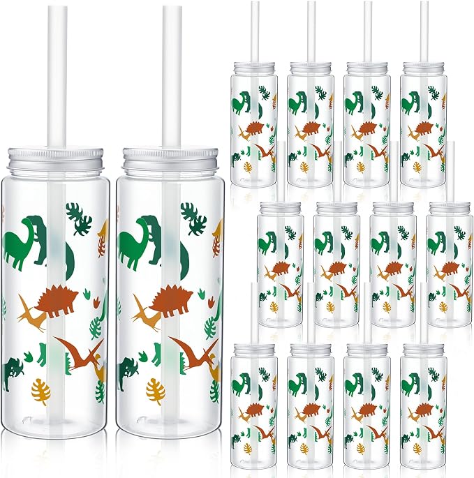 Skylety 12 Set 14 oz Dinosaur Themed Plastic Cup with Straw and Lid Cute Disposable Cups Bulk Dino Party Favors Drinking Mason Jars Tumbler for Birthday Supplies Juice Beverage Smoothie(Green Yellow)