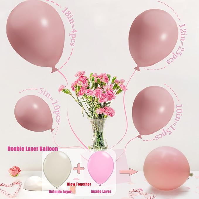Matte Pink Balloons Different Sizes,Double Stuffed Pink Balloon Arch, Pastel Pink Balloons Garland,18/12/10/5 Inch Pinks Balloon for Boho Party, Baby Shower, Birthday, Weddings(Lush Blush)