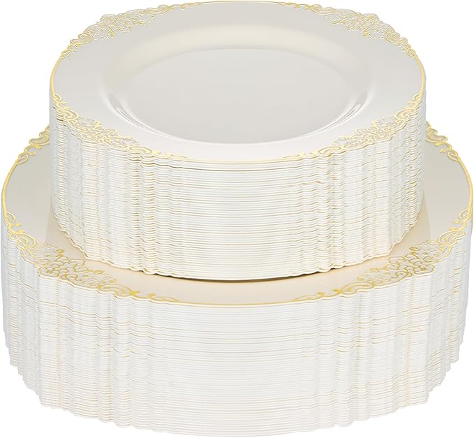 Bestluck 200 PCS Ivory and Gold Plastic Plates for 100 Guests, Gold Disposable Plates Include 100 PCS Dinner Plates, 100 PCS Dessert Plates for Party, Wedding and Graduation (200, Ivory White)