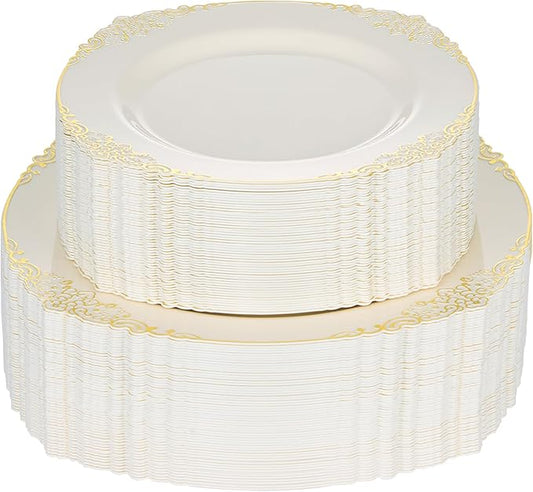 Bestluck 200 PCS Ivory and Gold Plastic Plates for 100 Guests, Gold Disposable Plates Include 100 PCS Dinner Plates, 100 PCS Dessert Plates for Party, Wedding and Graduation (200, Ivory White)