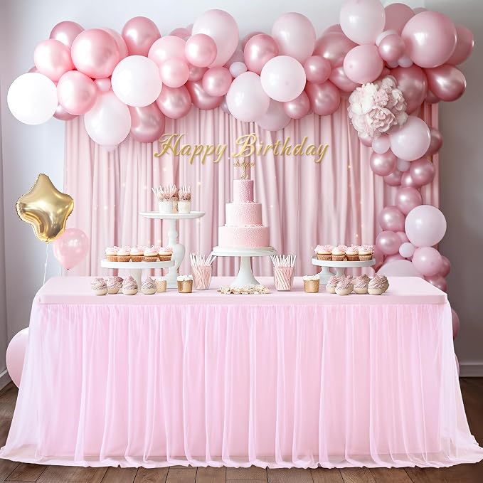 Tulle Tablecloth Table Skirt, Pink, 6ft, 6 Pack | For 6 Foot Rectangle Tables, Ruffle Tutu Table Skirt, Wedding Reception Party Birthday