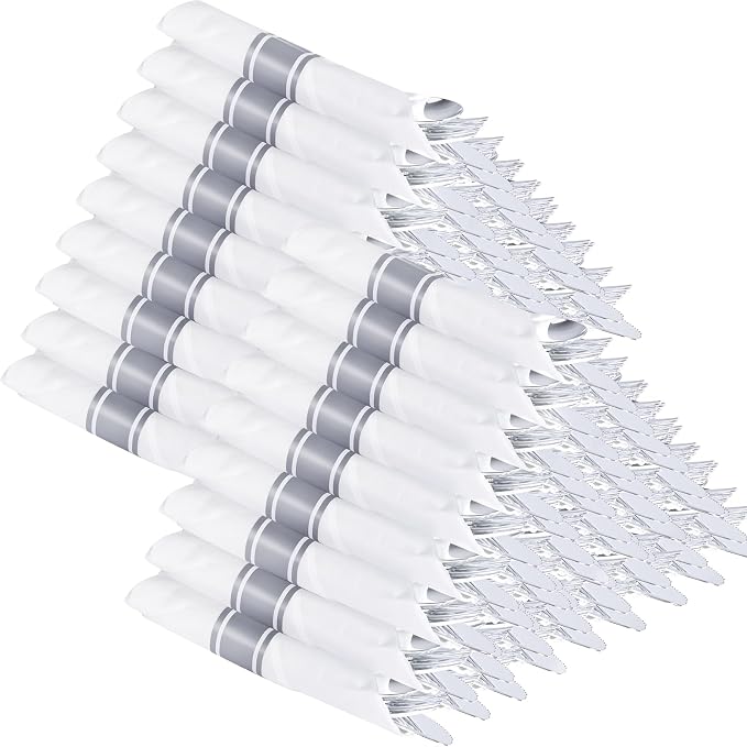 Supernal 100pack Silver Plastic Silverware with Napkins, Prewrapped & Rolled Silver Disposable Utensils (100 Forks, 100 Spoons, 100 Knives), Heavy Duty Cutlery Set with Napkin for Wedding & Party