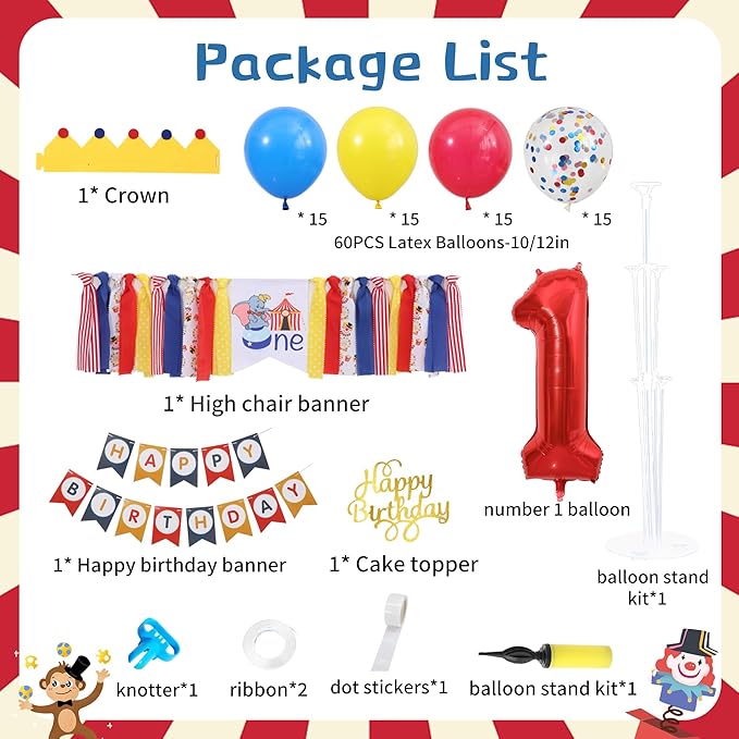 Circus Carnival First 1st Birthday Decorations for Boy Carnival One High Chair Banner with 60PCS Red Yellow Blue Balloons, Cake Topper, Number 1 Balloon, Crown & Banner for One Year Old Boy Party