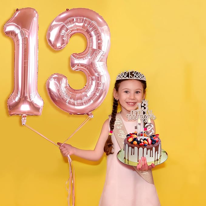 13th Birthday Decorations for Girls, Including 13th Birthday Sash and Tiara, Cake Topper and Candles, Number Balloons, 3D Pop Up Greeting Card, Teen Girl Gifts for 13 Year Old