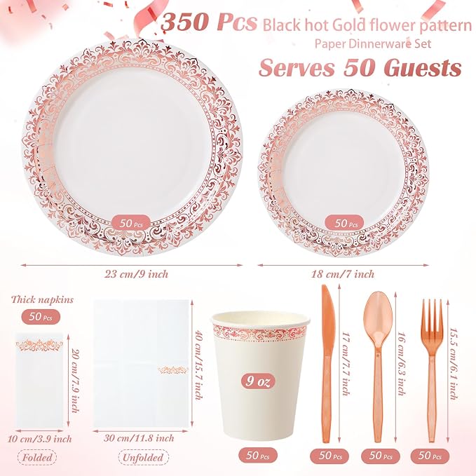 meekoo 350 Pcs Rose Gold Party Dinnerware Set Disposable Paper Plates for 50 Guests 9in and 7in Dinner Dessert Plates Napkins Gold Rim Plastic Cups Knives Forks Spoons for Party Wedding(Round Floral)