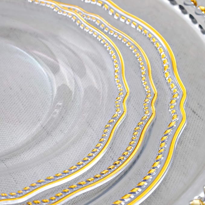 Hioasis 175pcs Clear Gold Plastic Plates&Gold Plastic Silverware with Gold Glitter Handle&Clear Cups&Napkins Served for 25 Guests-Clear and Gold Dinnerware for Weddings&Thanksgiving,Holiday Events
