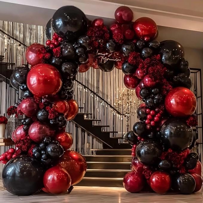 Black Red Balloon Arch Double Stuffed Black Burgundy Maroon Balloons Dark Ruby Red Metallic Balloon Garland Kit for Graduation Birthday Wedding Mother's Day Anniversary Party Decorations