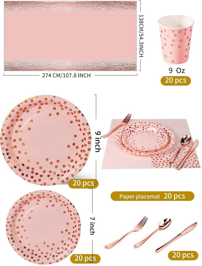 Nkaiso 141 Pieces Pink and Rose Gold Party Supplies, Disposable Party Decorations Sets Include Paper Plates Napkins Cups, Plastic Forks Knives Spoons, for Baby Shower Birthday Wedding -20 Guests