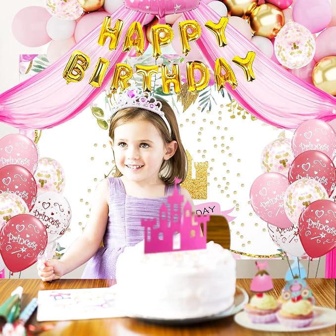 Princess Birthday Party Decorations for Girls Include Balloon Arch, Banner, Backdrop, Tablecloth, Tulle, Crown, Wand, Sash, Cake Topper Party Supplies