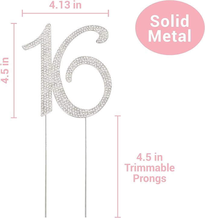16 Cake Topper - Premium Silver Metal - Sweet 16 Birthday Party Sparkly Rhinestone Decoration Makes a Great Centerpiece - Now Protected in a Box
