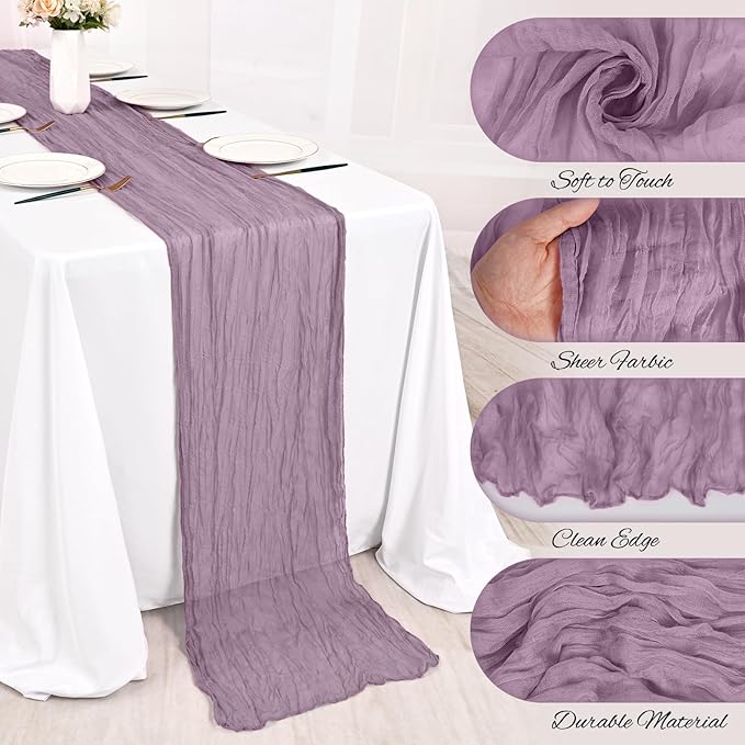 8 Pack Purple Cheesecloth Table Runner 10FT Boho Gauze Cheese Cloth Table Runner Rustic Sheer Fabric Table Runners for Wedding Bridal Shower Baby Shower Party(21.5×120 Inch)